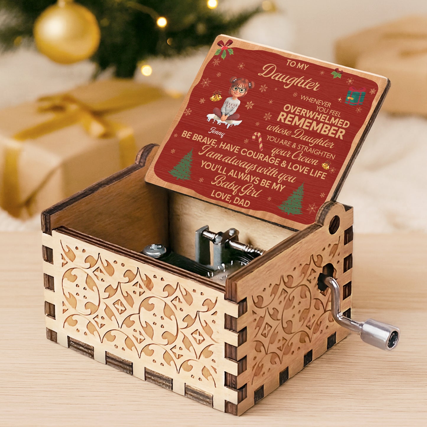 To My Daughter, Remember Your Strength & Crown, Christmas Tree - Custom Music Box With "We Wish You A Merry Christmas" Tune - KID316_MZX