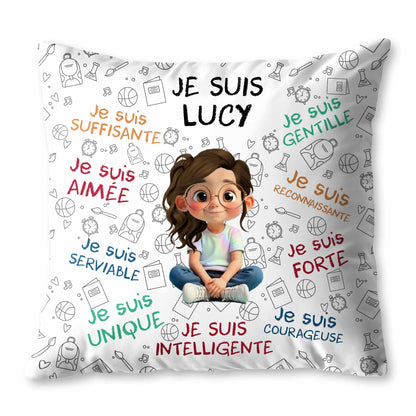 Je Suis Unique, Courteous, Loved, Custom Cartoon Girl Pillow - Personalized Custom Pillow, Insert Included - KID316_PLW