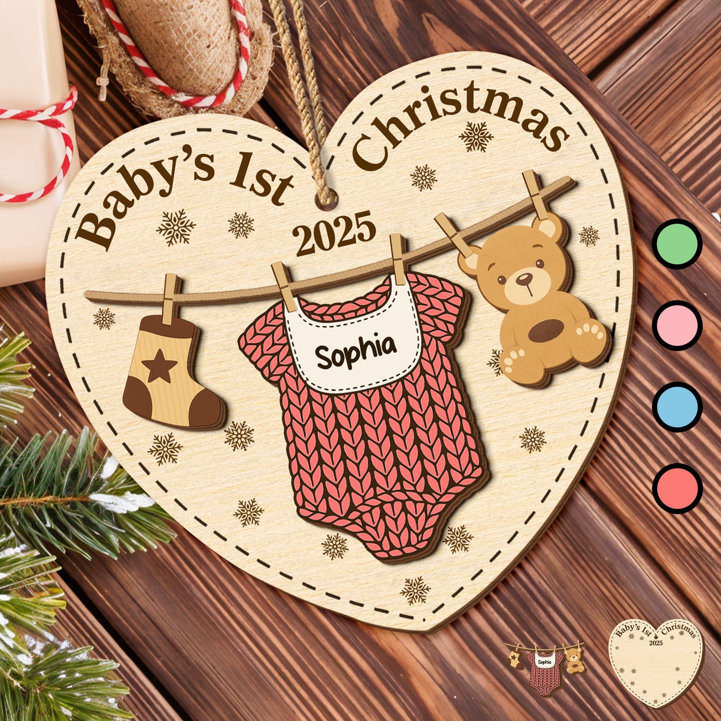 Baby's 1st Christmas, Teddy Bear and Stocking Ornament - Personalized Double Layer Wood Ornament - KID317_DWO
