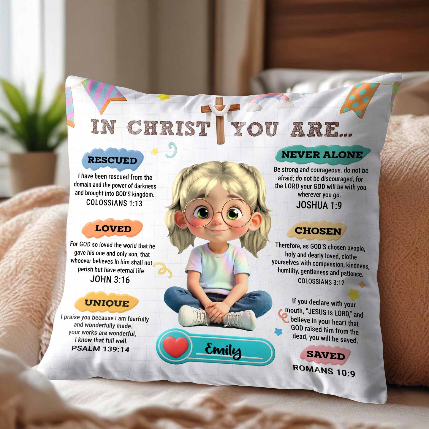 In Christ You Are, Cute Girl With Inspirational Christian Texts - Personalized Custom Pillow, Insert Included - KID320_PLW