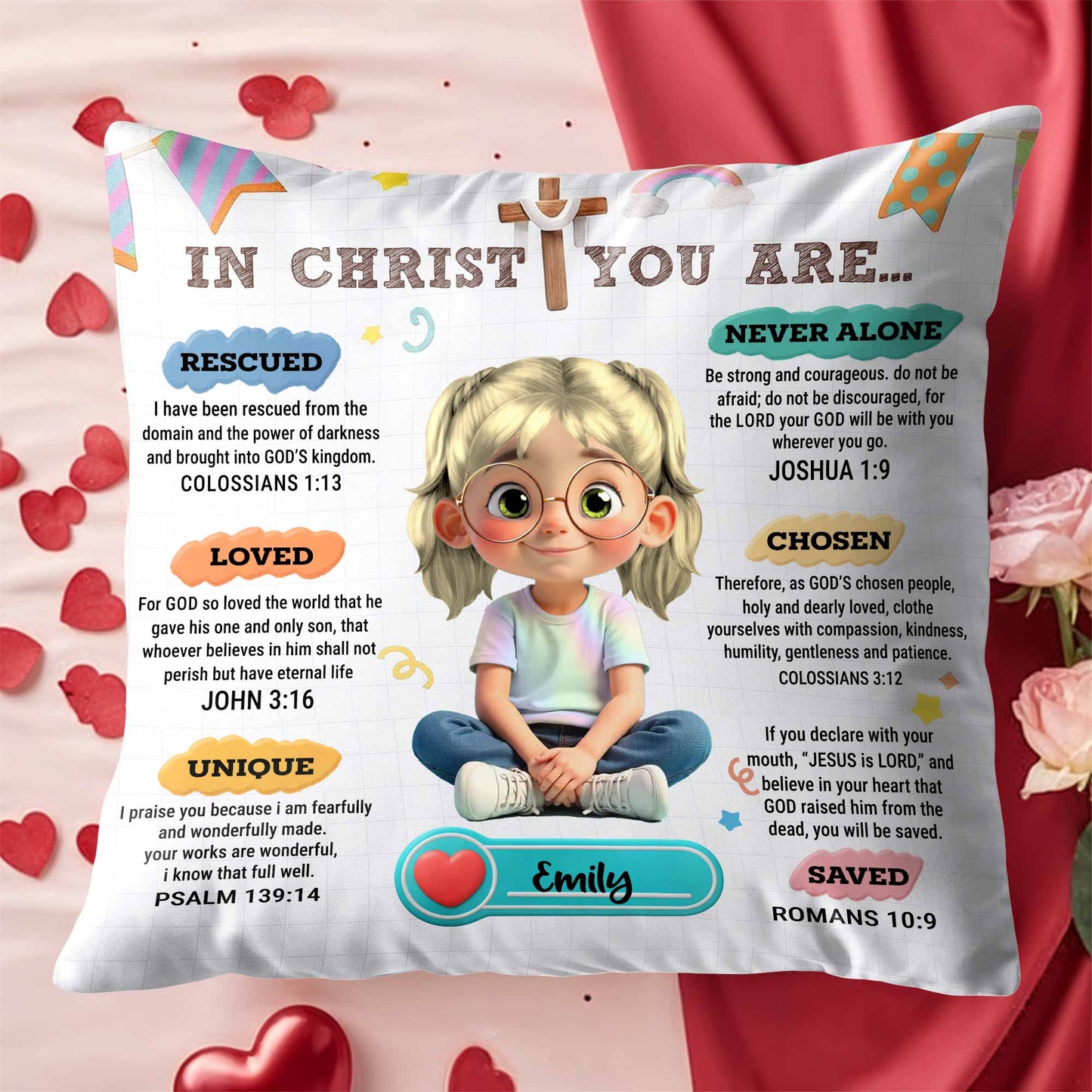 In Christ You Are, Cute Girl With Inspirational Christian Texts - Personalized Custom Pillow, Insert Included - KID320_PLW