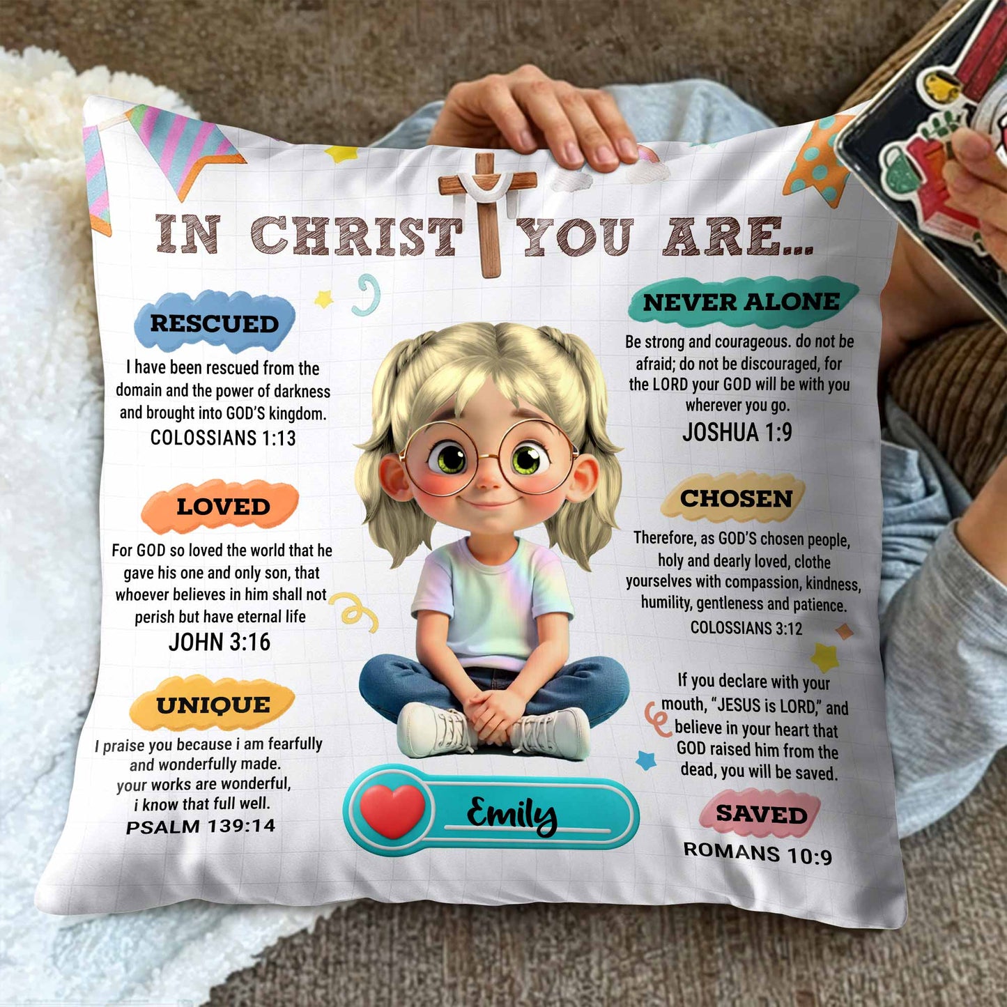 In Christ You Are, Cute Girl With Inspirational Christian Texts - Personalized Custom Pillow, Insert Included - KID320_PLW
