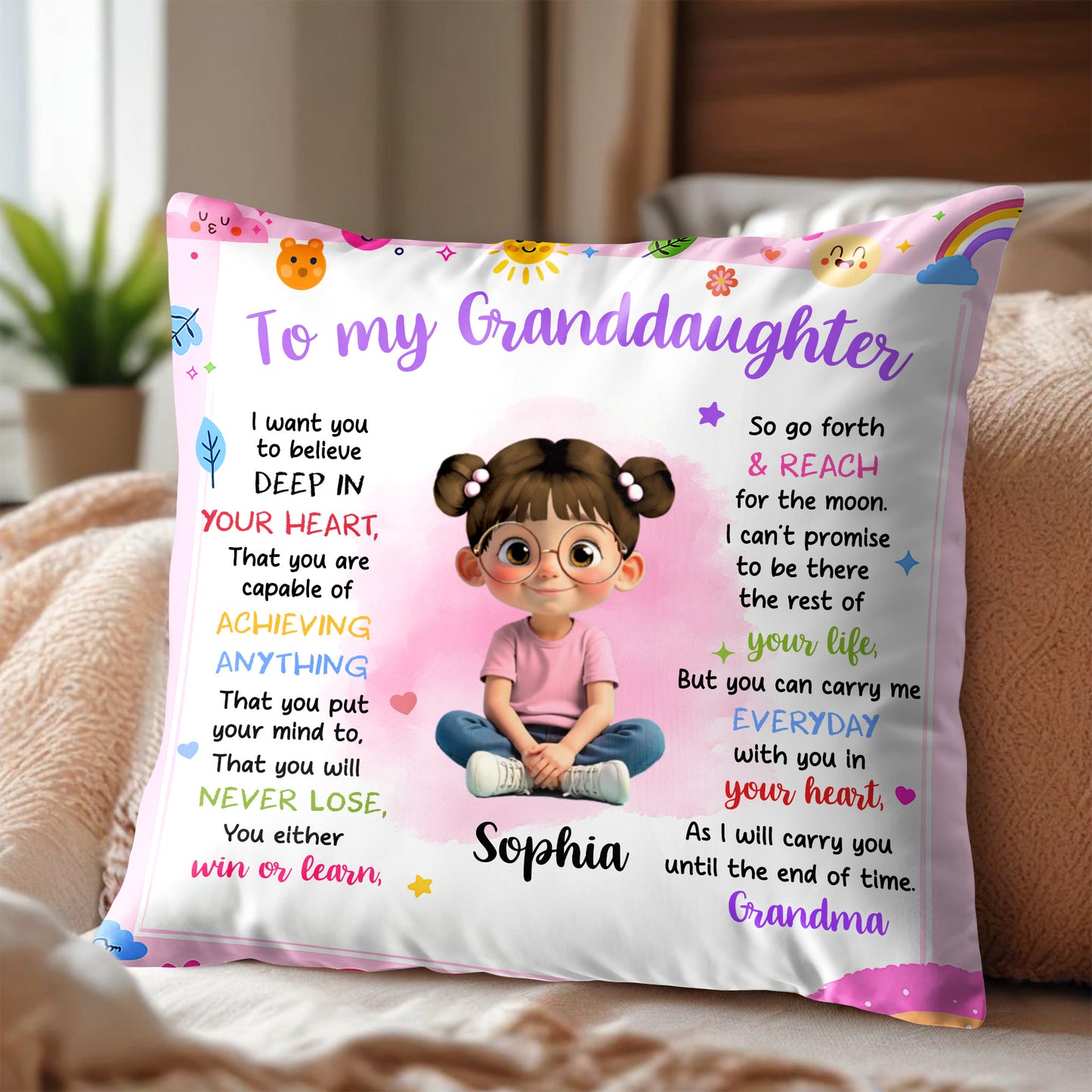 To My Granddaughter Believe In Yourself Cute Girl Hearts Stars - Personalized Custom Pillow, Insert Included - KID321_PLW