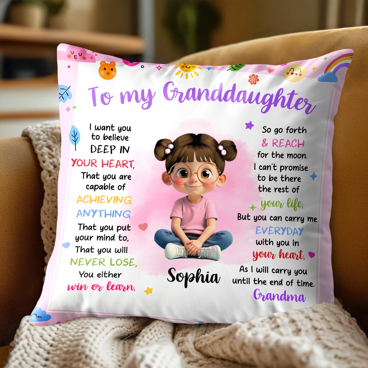 To My Granddaughter Believe In Yourself Cute Girl Hearts Stars - Personalized Custom Pillow, Insert Included - KID321_PLW