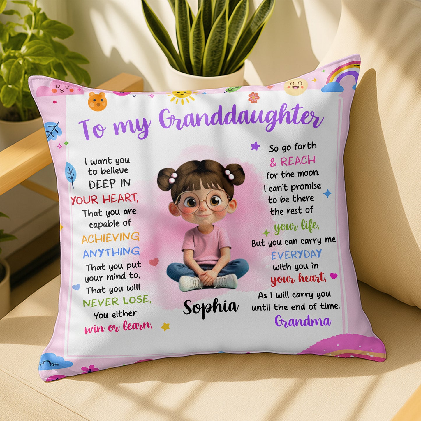 To My Granddaughter Believe In Yourself Cute Girl Hearts Stars - Personalized Custom Pillow, Insert Included - KID321_PLW