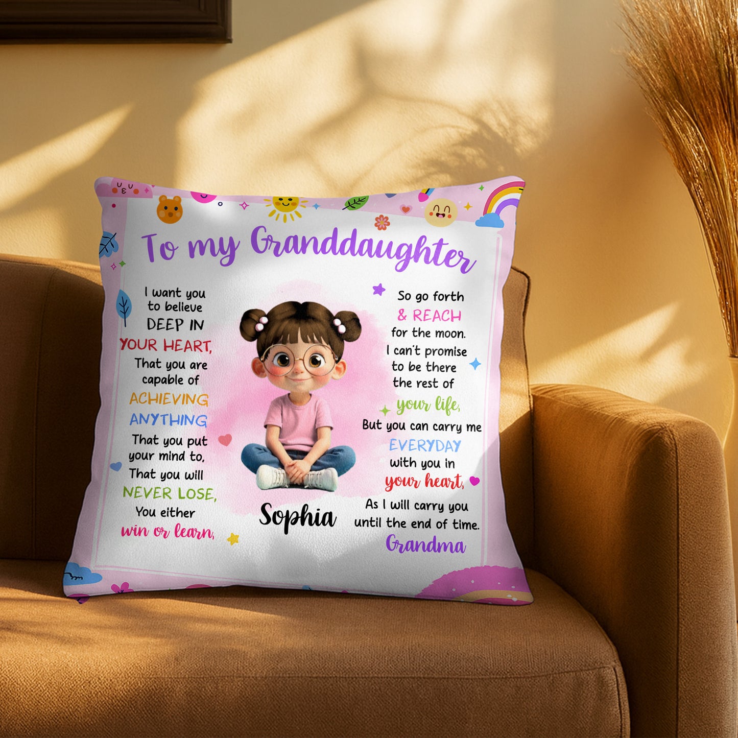 To My Granddaughter Believe In Yourself Cute Girl Hearts Stars - Personalized Custom Pillow, Insert Included - KID321_PLW