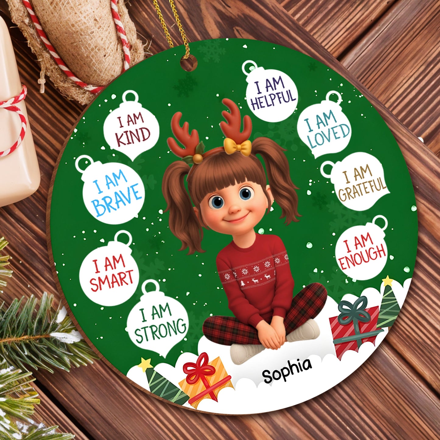 I Am Kind And Brave, Christmas Ornament Featuring Reindeer Antlers And Presents - Personalized Custom Wood Ornament, Custom Shaped - KID324_WDO