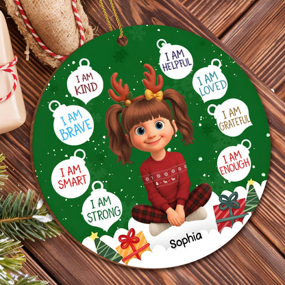 I Am Kind And Brave, Christmas Ornament Featuring Reindeer Antlers And Presents - Personalized Custom Wood Ornament, Custom Shaped - KID324_WDO