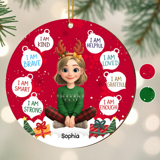 I Am Kind And Brave, Christmas Ornament Featuring Reindeer Antlers And Presents