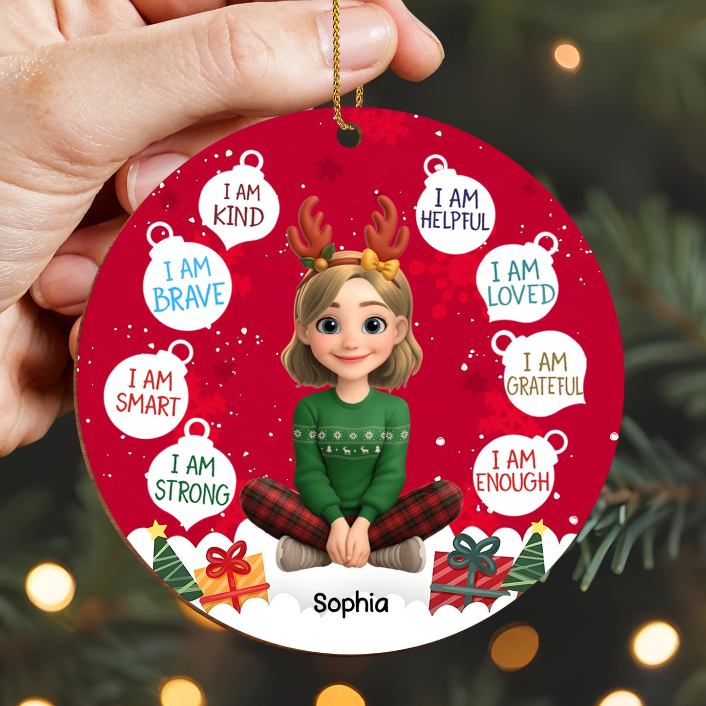 I Am Kind And Brave, Christmas Ornament Featuring Reindeer Antlers And Presents