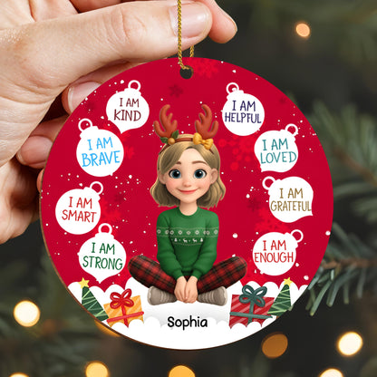 I Am Kind And Brave, Christmas Ornament Featuring Reindeer Antlers And Presents