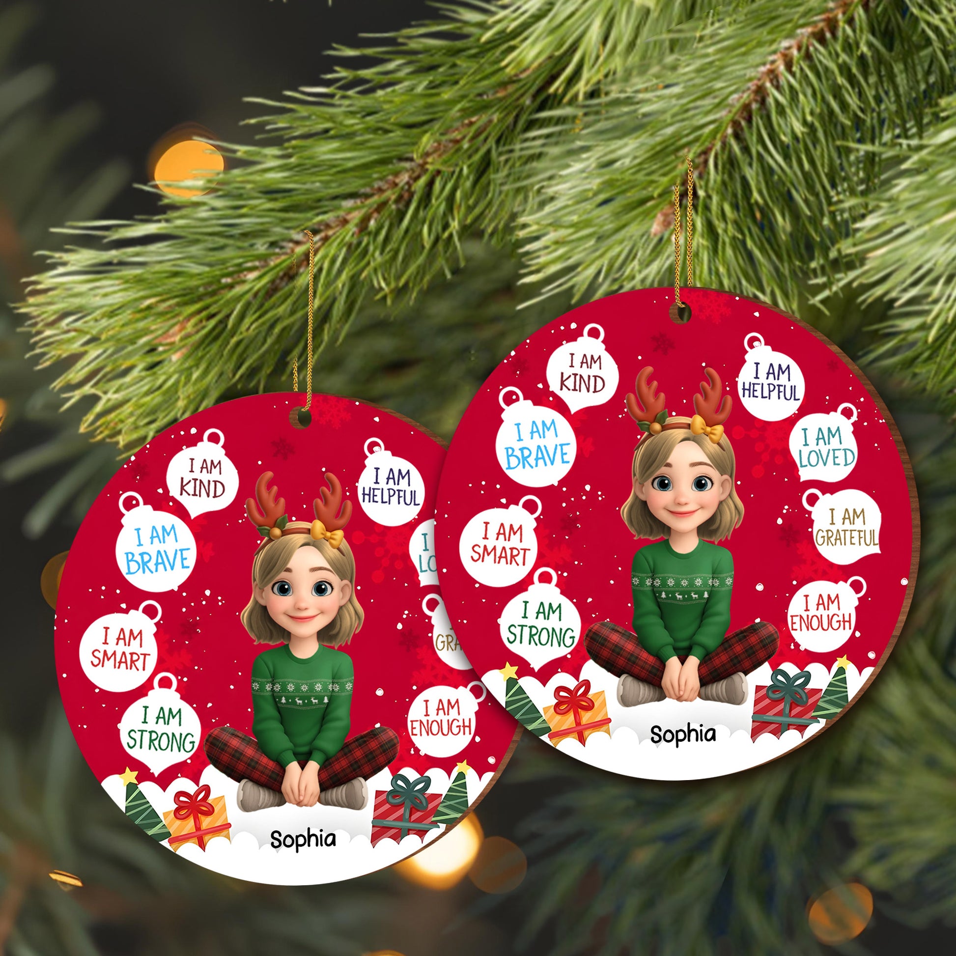 I Am Kind And Brave, Christmas Ornament Featuring Reindeer Antlers And Presents