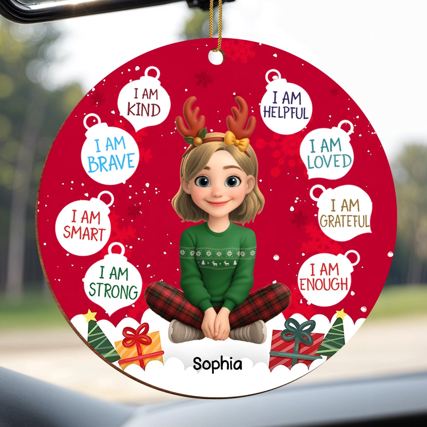 I Am Kind And Brave, Christmas Ornament Featuring Reindeer Antlers And Presents