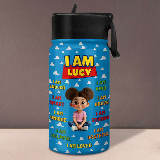 I Am Kind, Brave, Strong, Loved, Clouds And Cartoon Girl Design