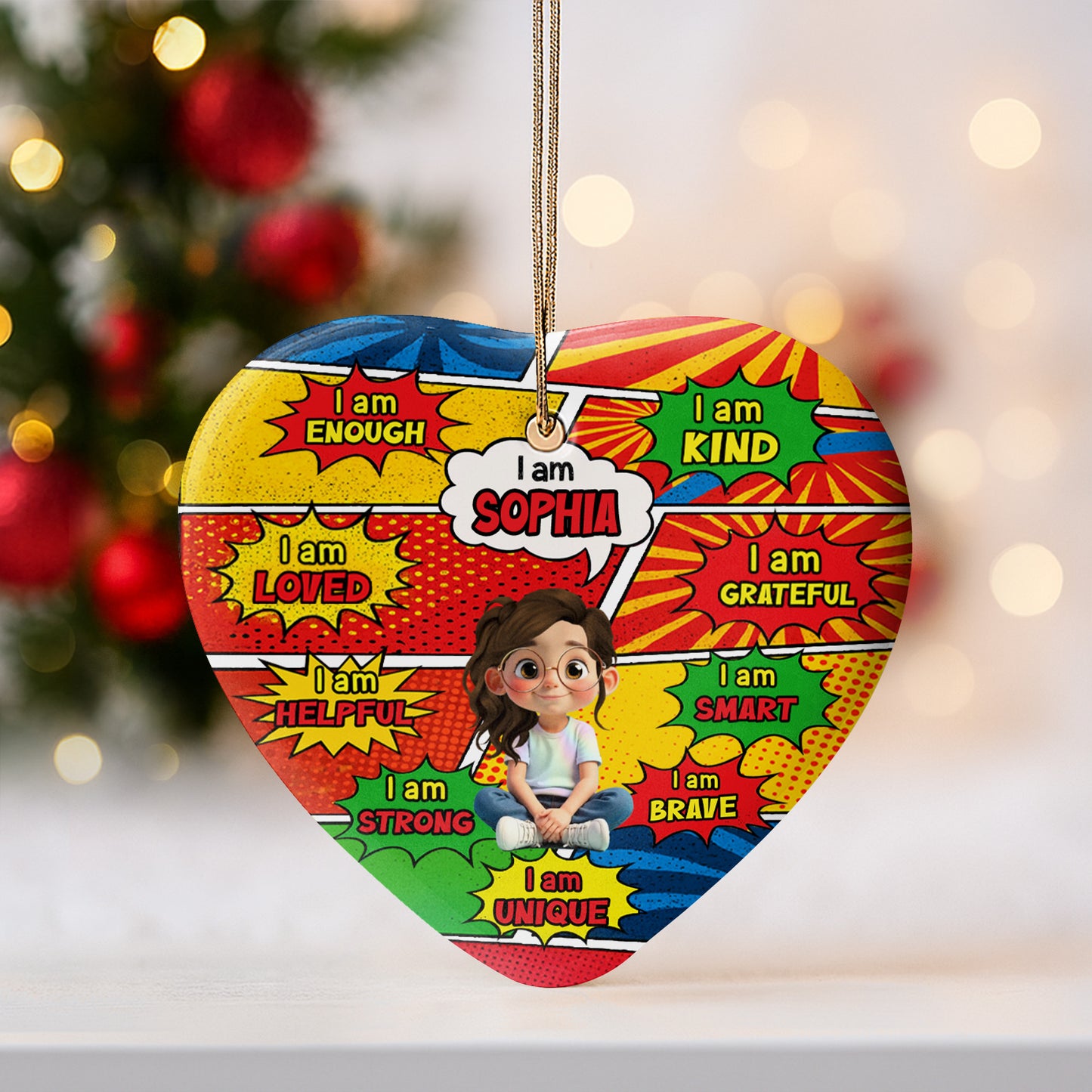 I Am Enough, I Am Loved, Comic Style Affirmation Heart Ornament