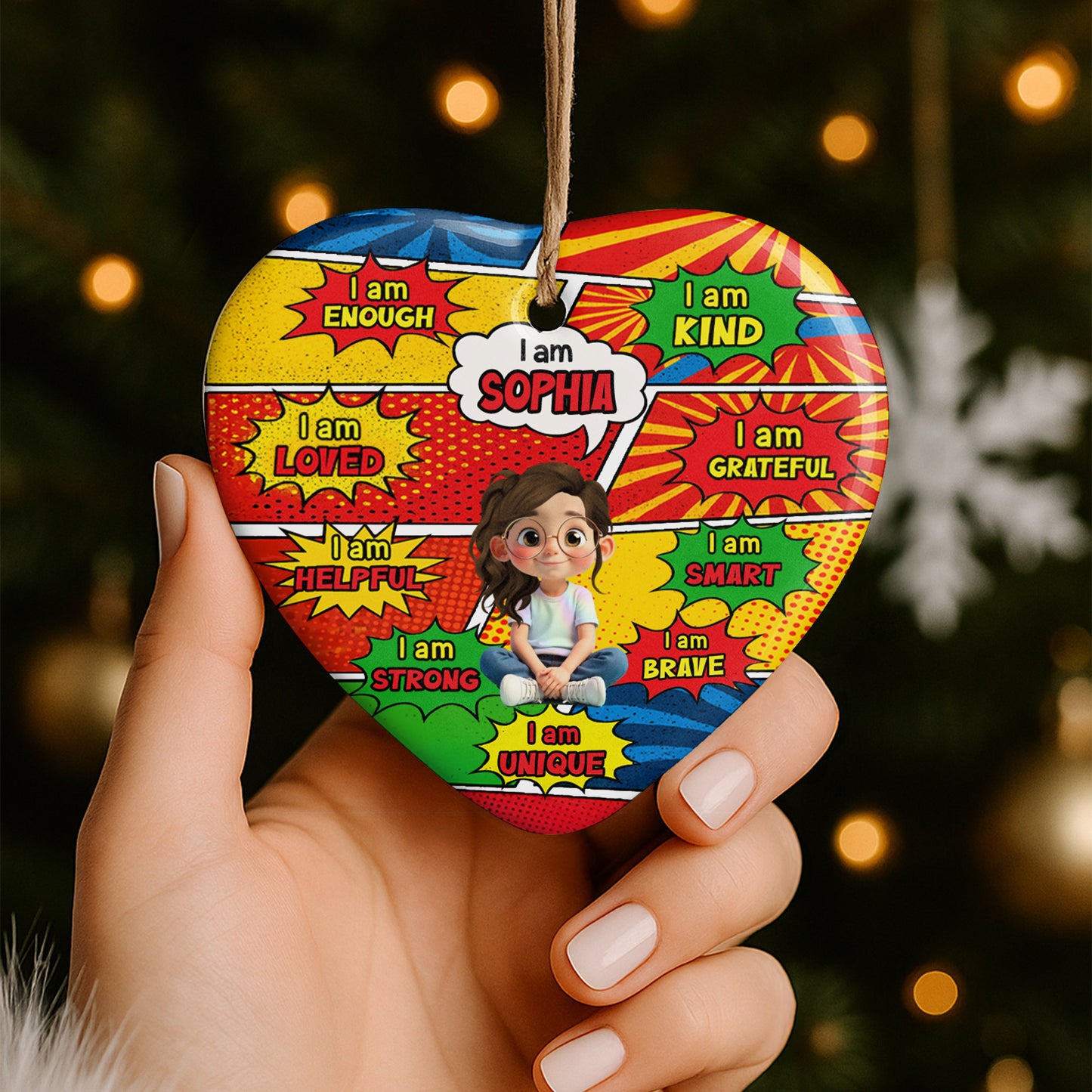 I Am Enough, I Am Loved, Comic Style Affirmation Heart Ornament