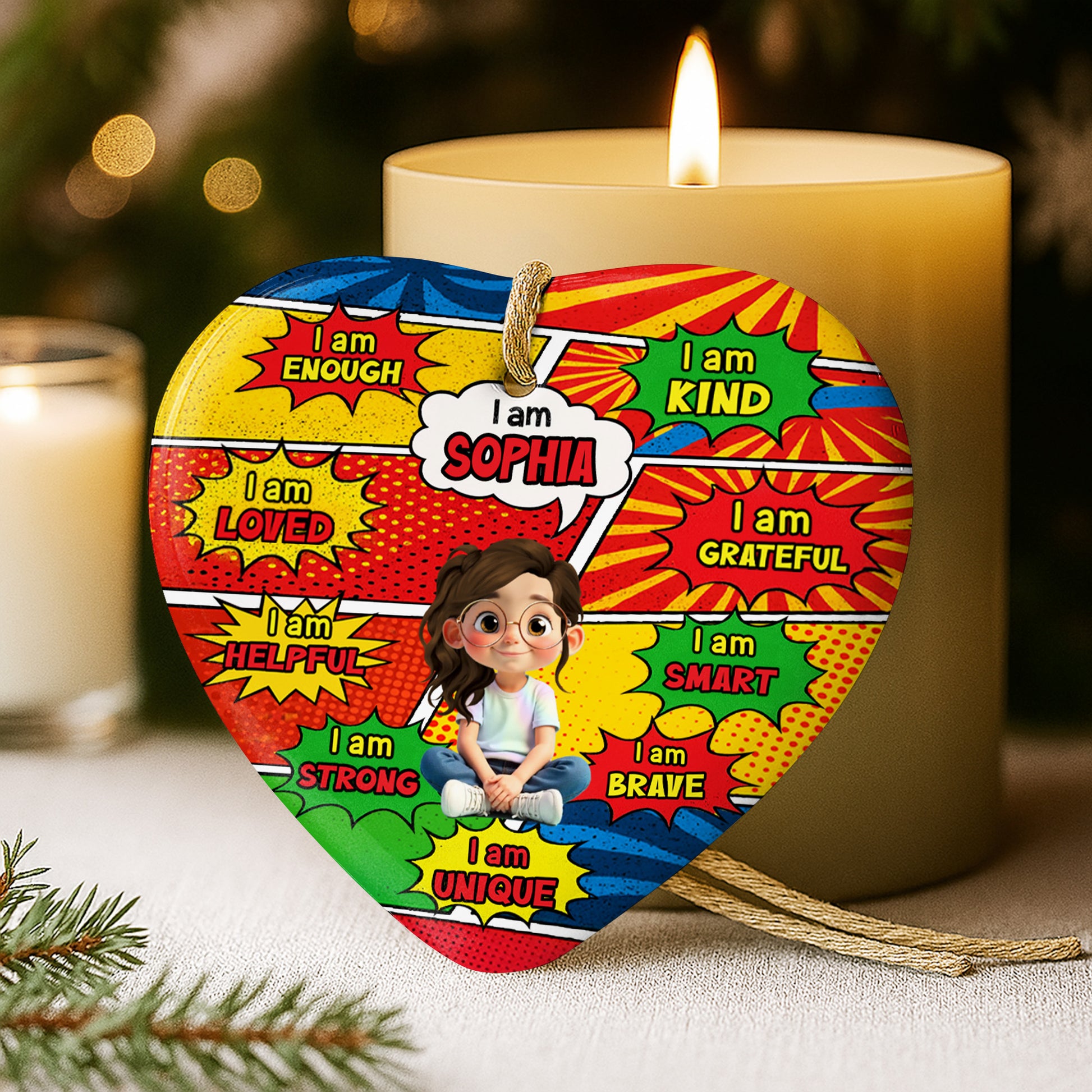 I Am Enough, I Am Loved, Comic Style Affirmation Heart Ornament