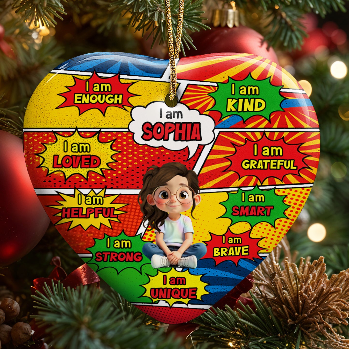 I Am Enough, I Am Loved, Comic Style Affirmation Heart Ornament