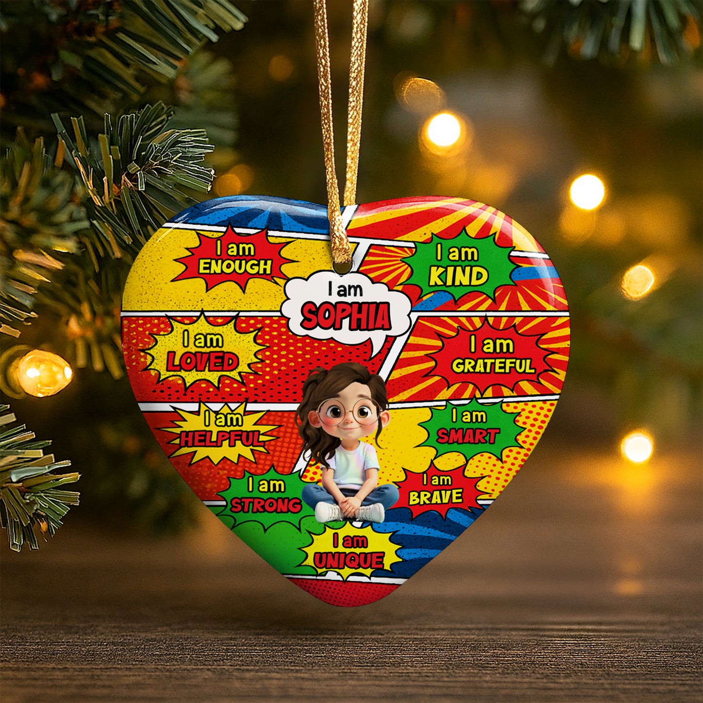 I Am Enough, I Am Loved, Comic Style Affirmation Heart Ornament