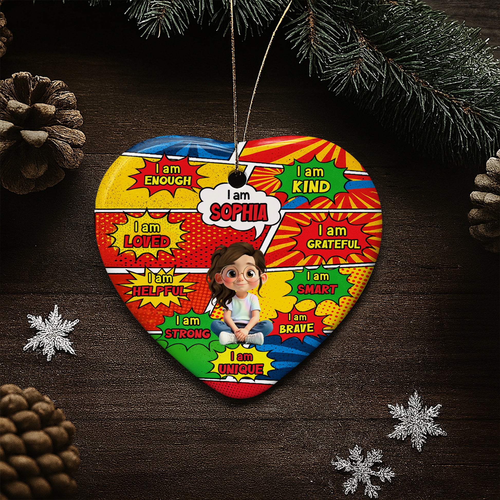 I Am Enough, I Am Loved, Comic Style Affirmation Heart Ornament