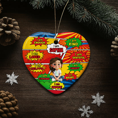 I Am Enough, I Am Loved, Comic Style Affirmation Heart Ornament
