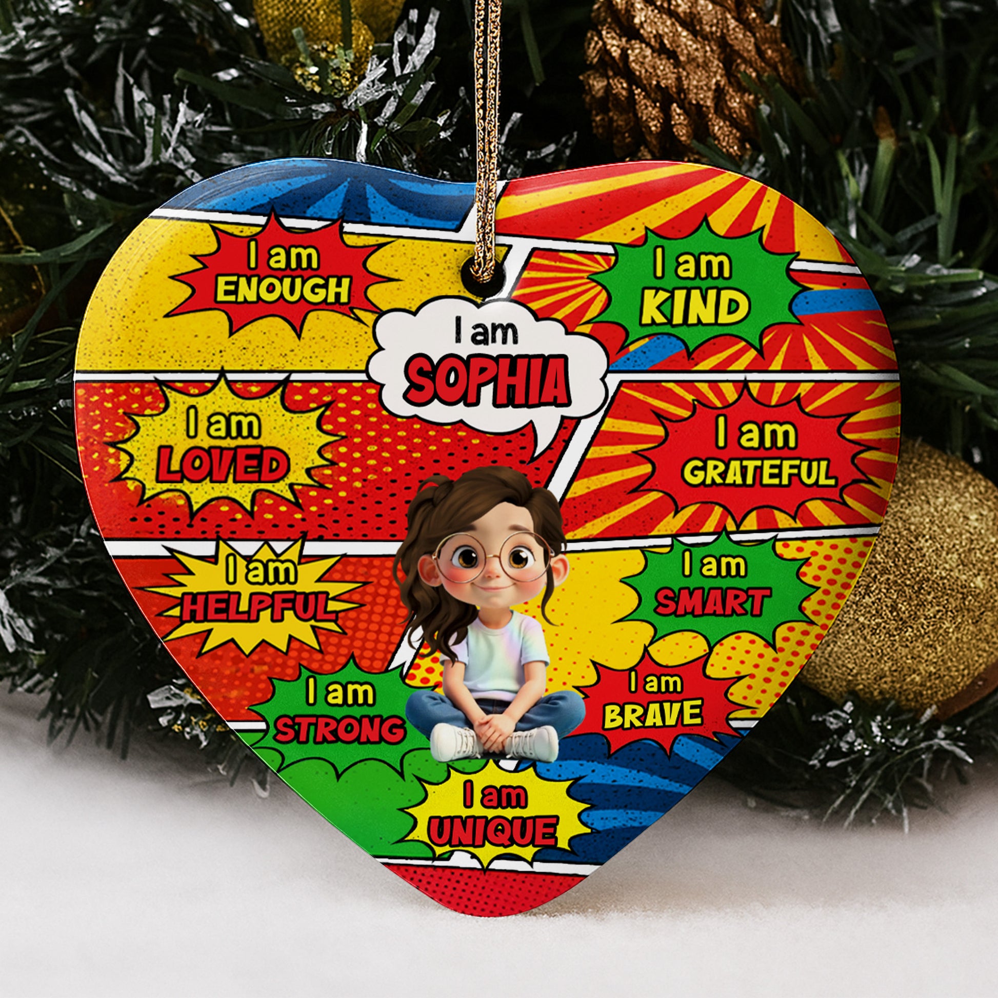 I Am Enough, I Am Loved, Comic Style Affirmation Heart Ornament