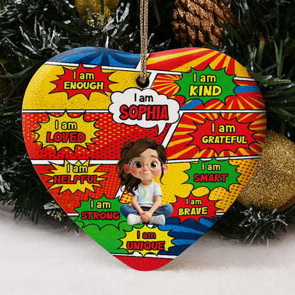 I Am Enough, I Am Loved, Comic Style Affirmation Heart Ornament