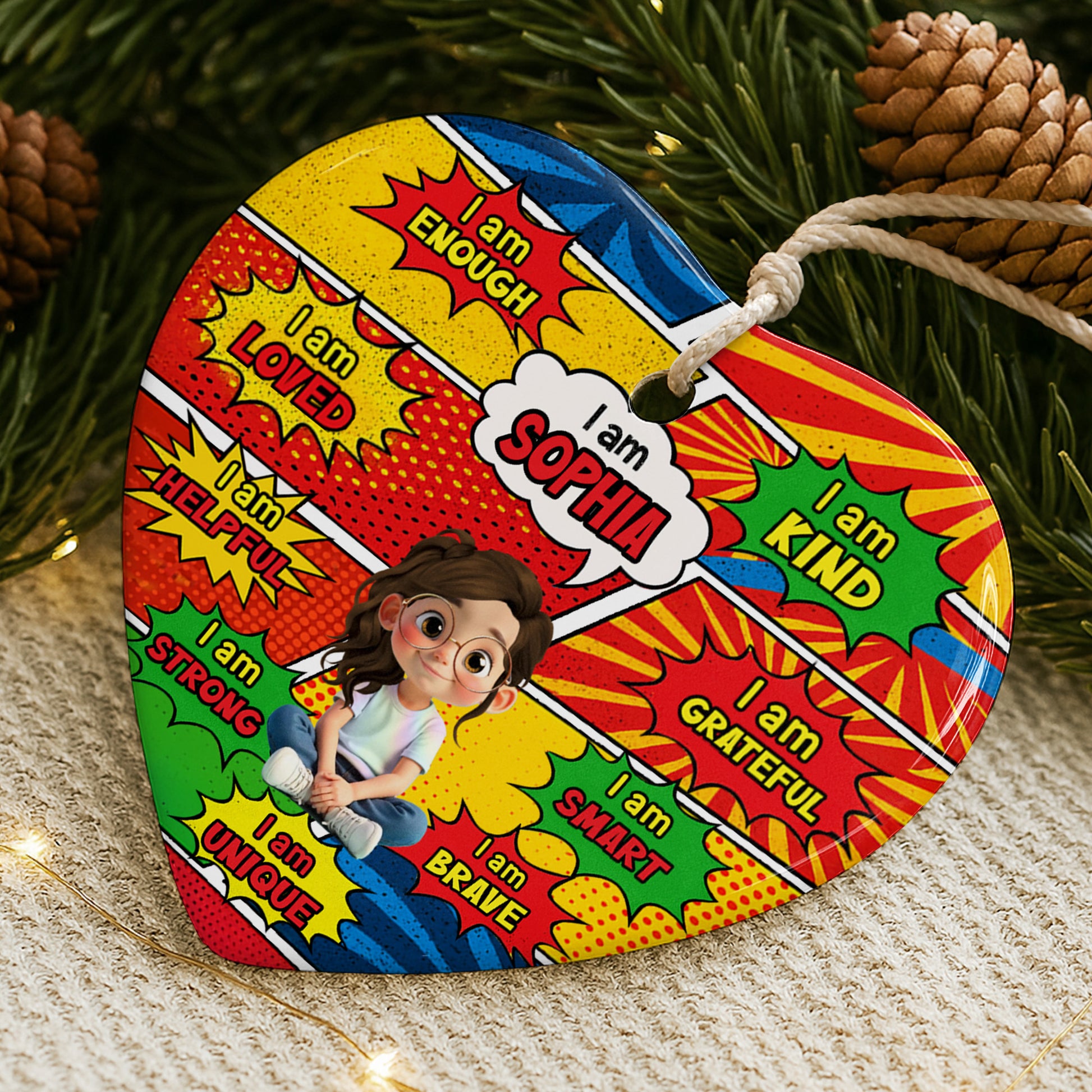 I Am Enough, I Am Loved, Comic Style Affirmation Heart Ornament