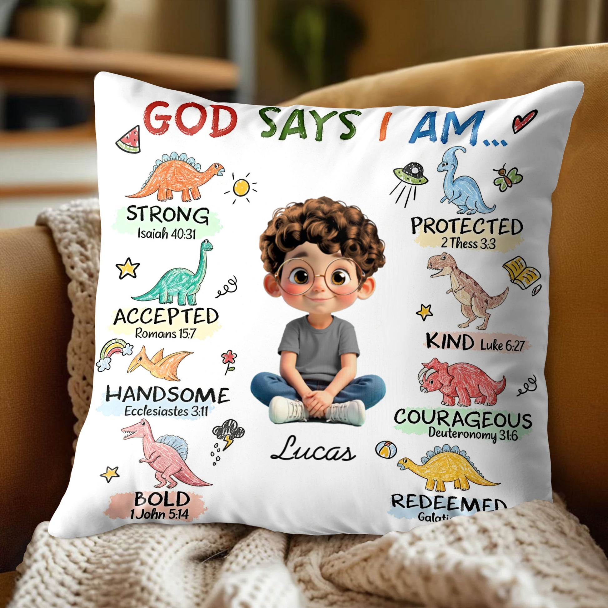 God Says I Am Strong, Protected, Kind, Cartoon Child Pillow