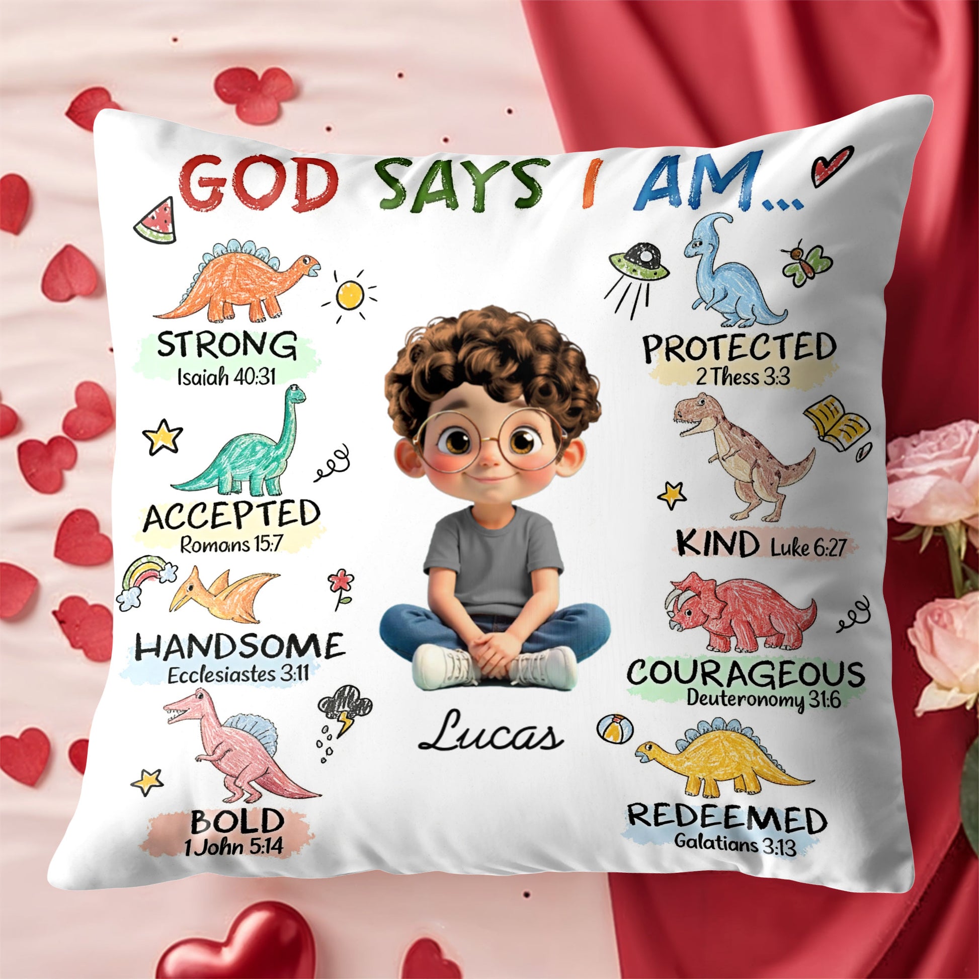 God Says I Am Strong, Protected, Kind, Cartoon Child Pillow