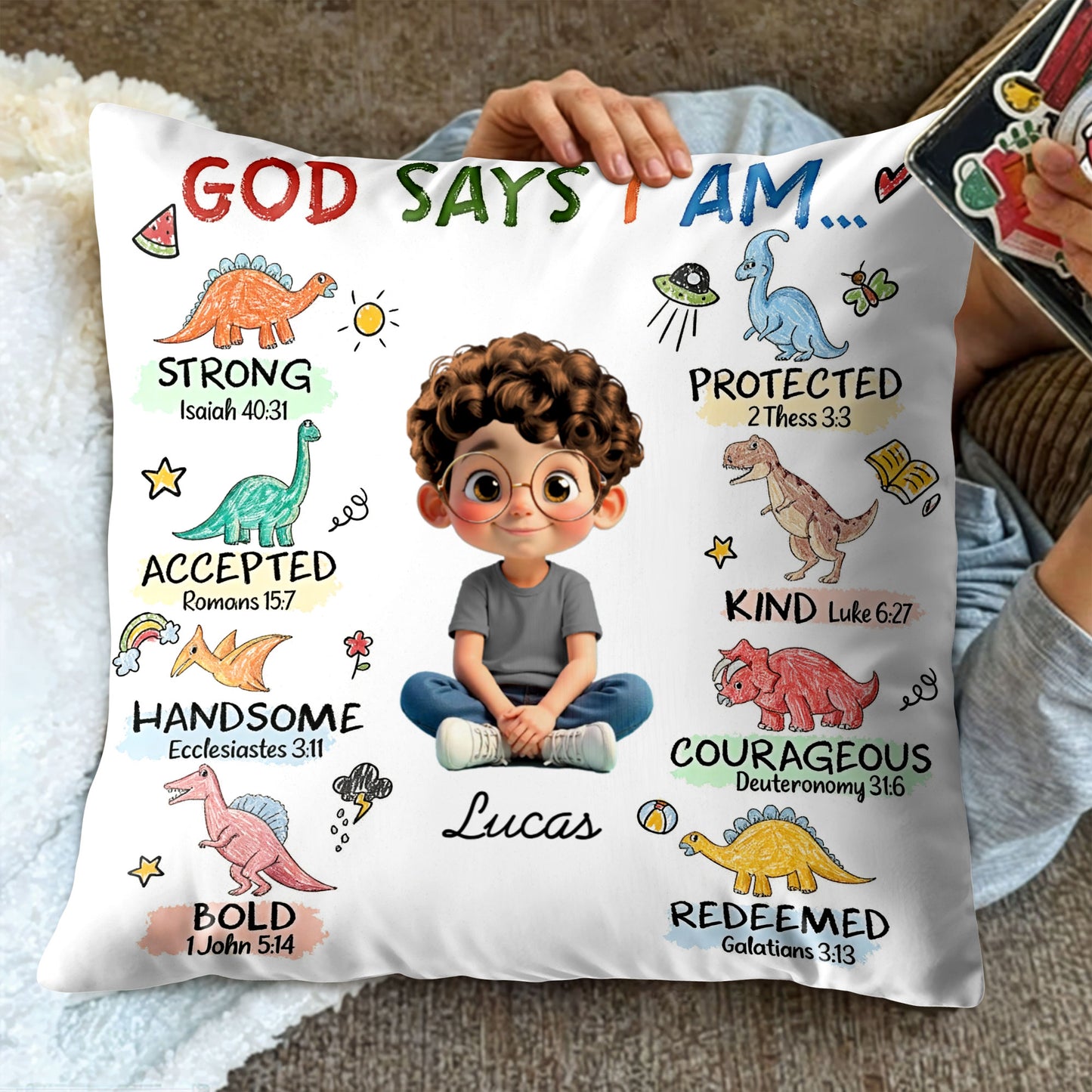 God Says I Am Strong, Protected, Kind, Cartoon Child Pillow