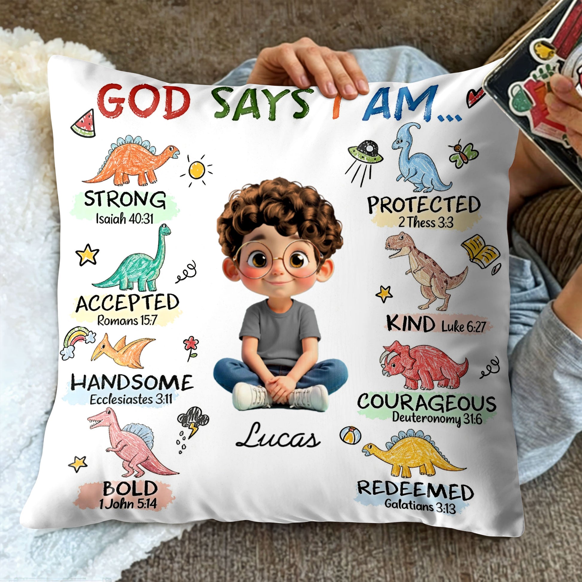 God Says I Am Strong, Protected, Kind, Cartoon Child Pillow