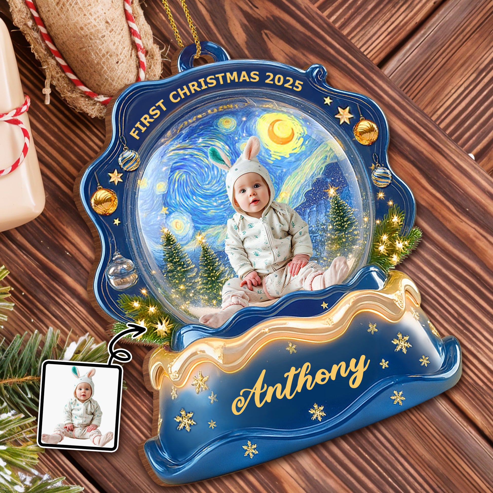 First Christmas Baby Ornament Featuring Stars and Pine Trees
