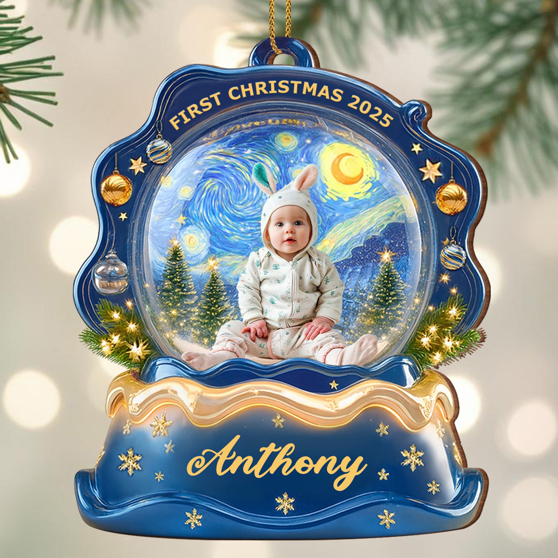 First Christmas Baby Ornament Featuring Stars and Pine Trees