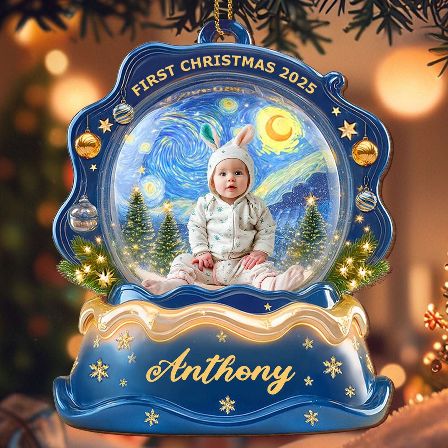 First Christmas Baby Ornament Featuring Stars and Pine Trees