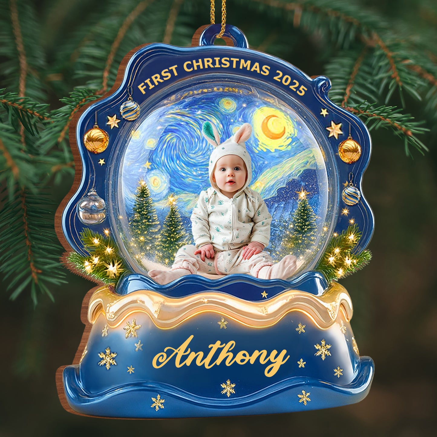 First Christmas Baby Ornament Featuring Stars and Pine Trees