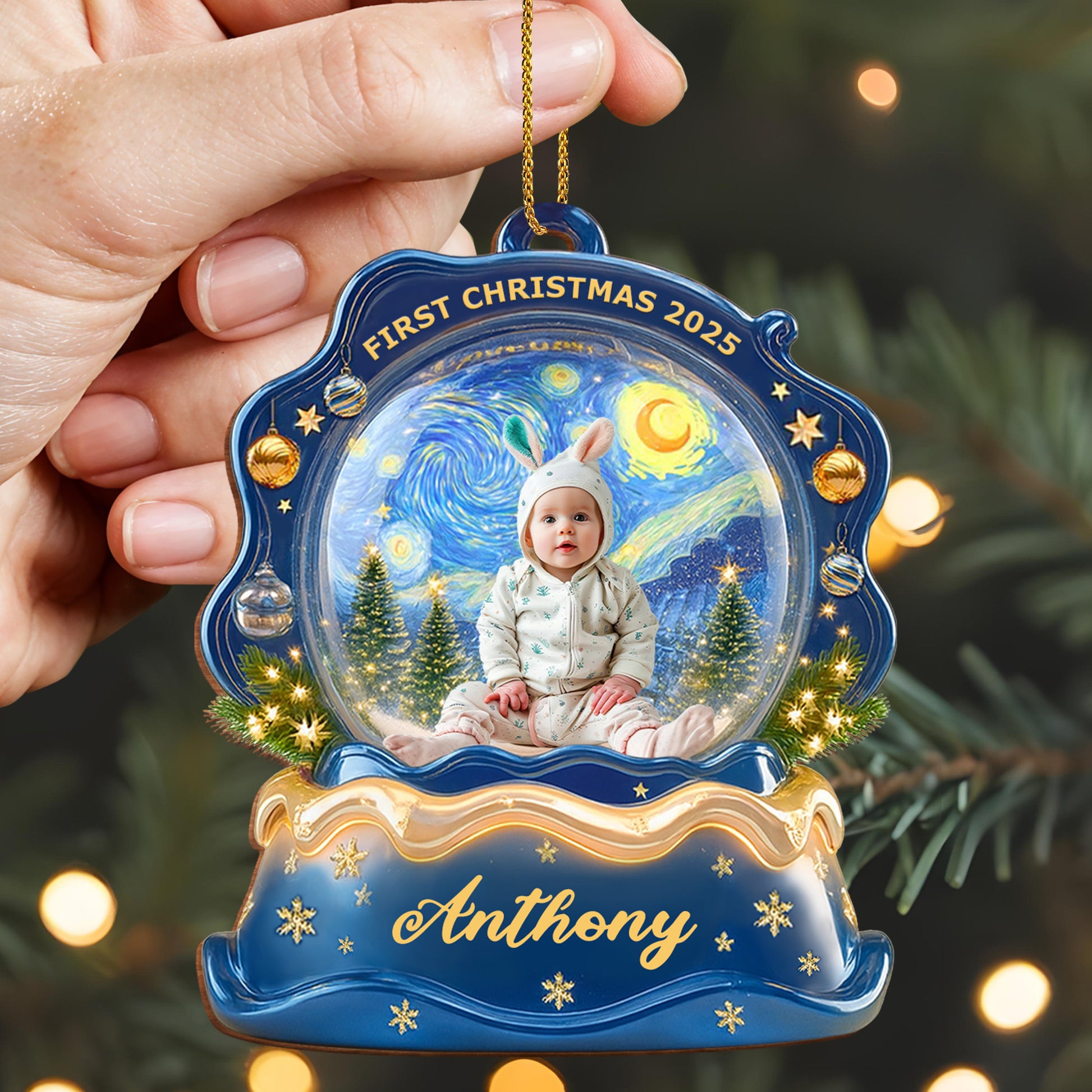 First Christmas Baby Ornament Featuring Stars and Pine Trees