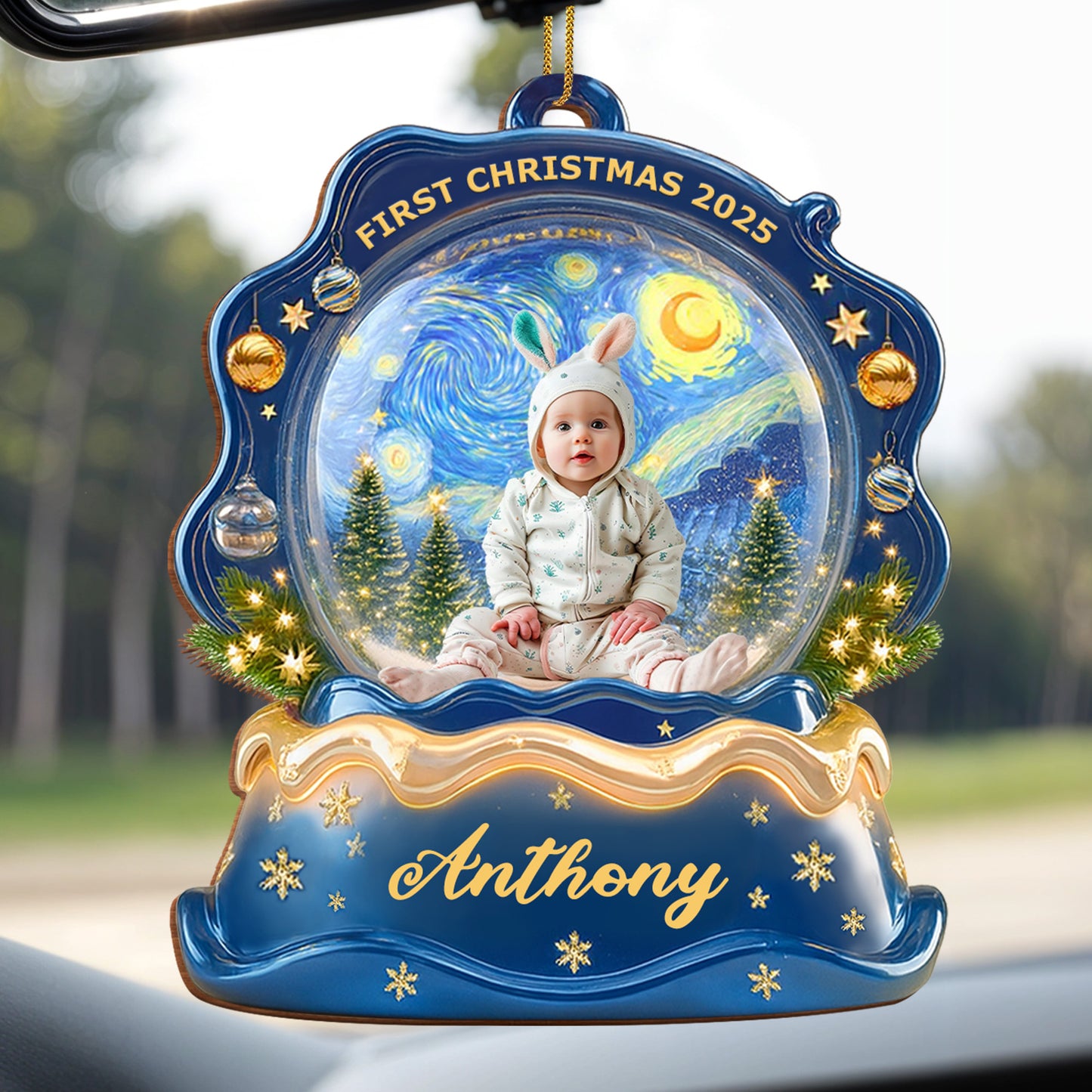First Christmas Baby Ornament Featuring Stars and Pine Trees