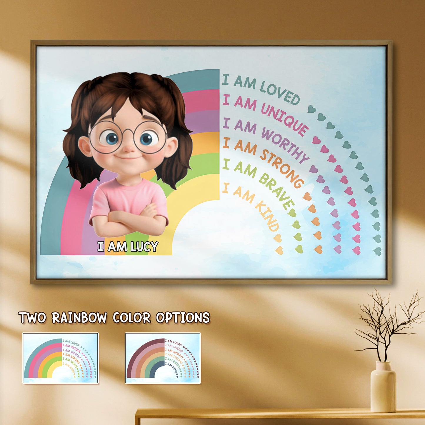 I Am Loved Unique Worthy Strong Brave Kind, Cartoon Girl Rainbow Hearts