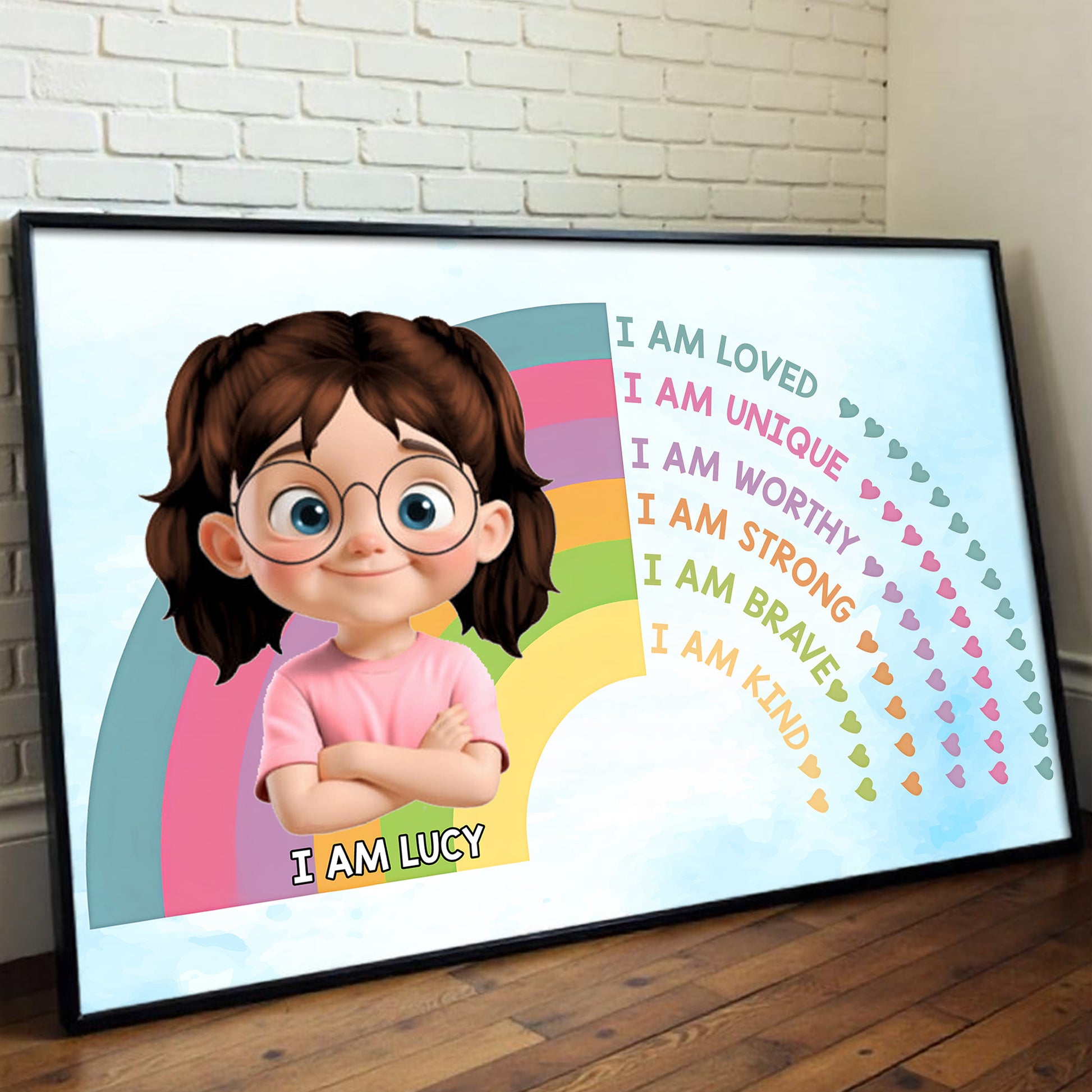 I Am Loved Unique Worthy Strong Brave Kind, Cartoon Girl Rainbow Hearts