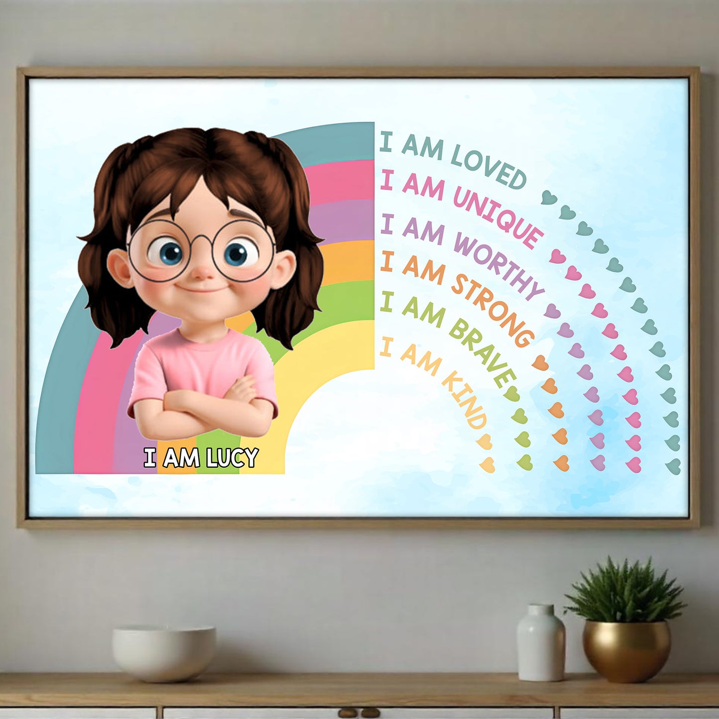 I Am Loved Unique Worthy Strong Brave Kind, Cartoon Girl Rainbow Hearts