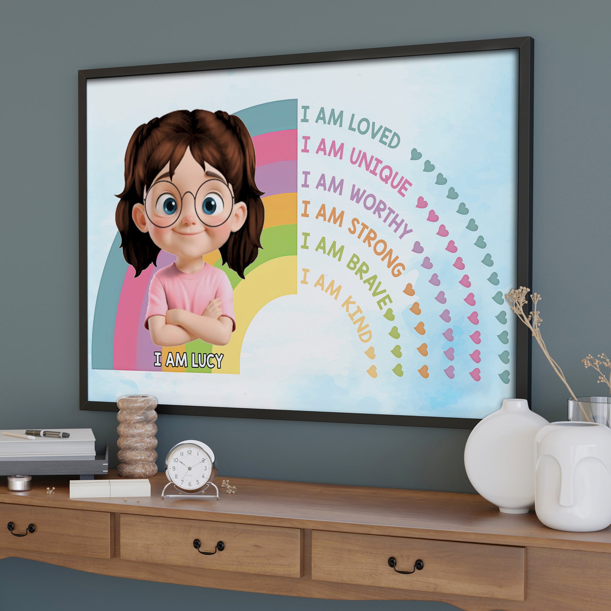 I Am Loved Unique Worthy Strong Brave Kind, Cartoon Girl Rainbow Hearts