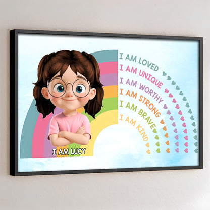 I Am Loved Unique Worthy Strong Brave Kind, Cartoon Girl Rainbow Hearts