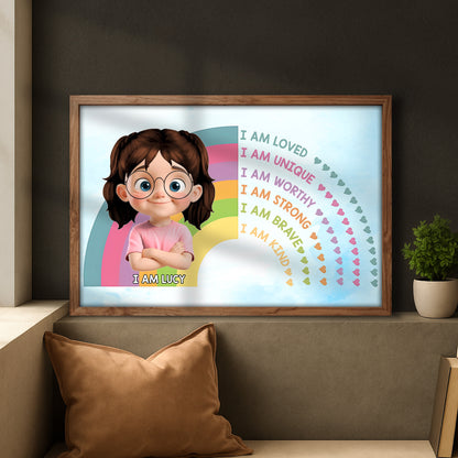 I Am Loved Unique Worthy Strong Brave Kind, Cartoon Girl Rainbow Hearts