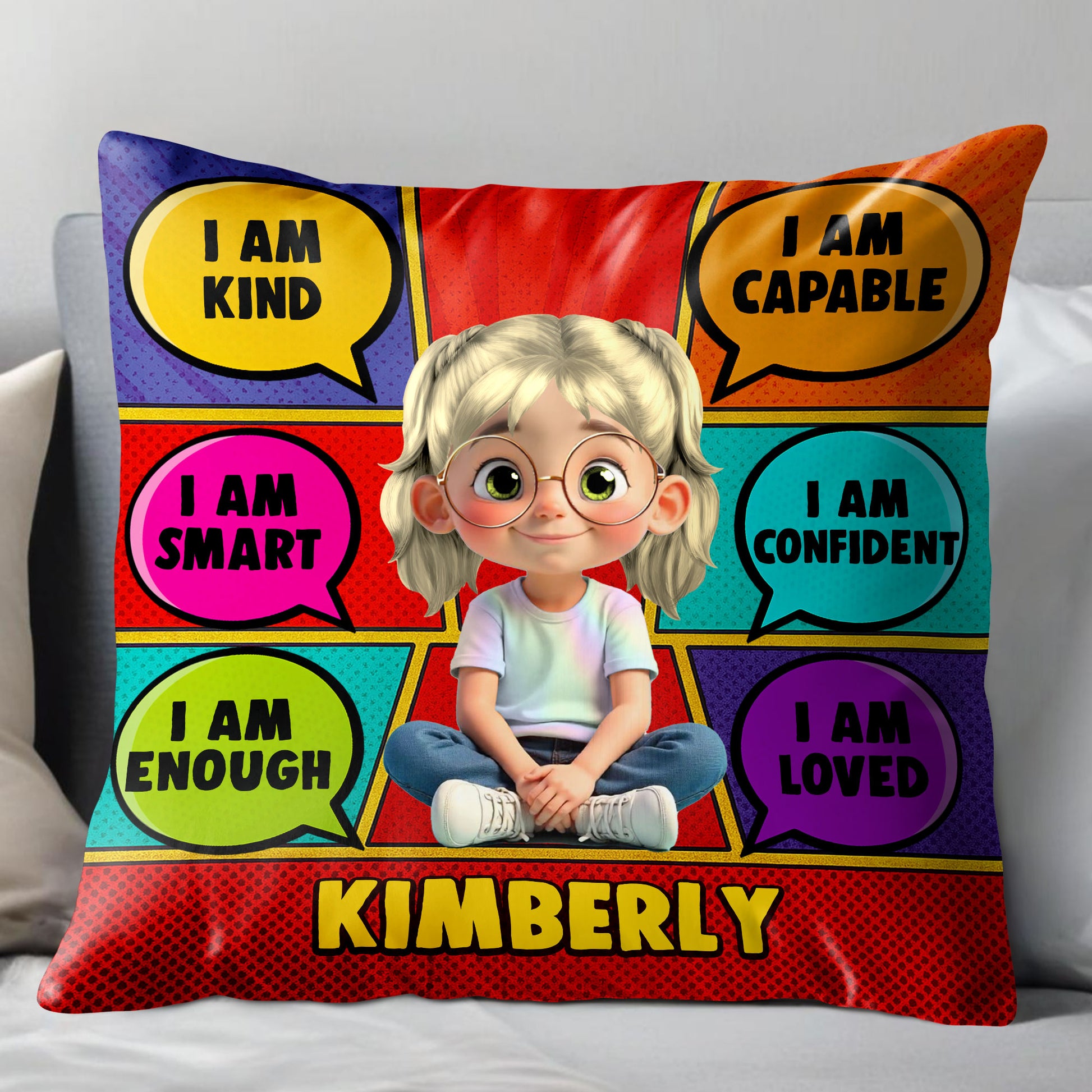 I Am Kind, Smart, Capable Comic Style Positive Affirmations Pillow