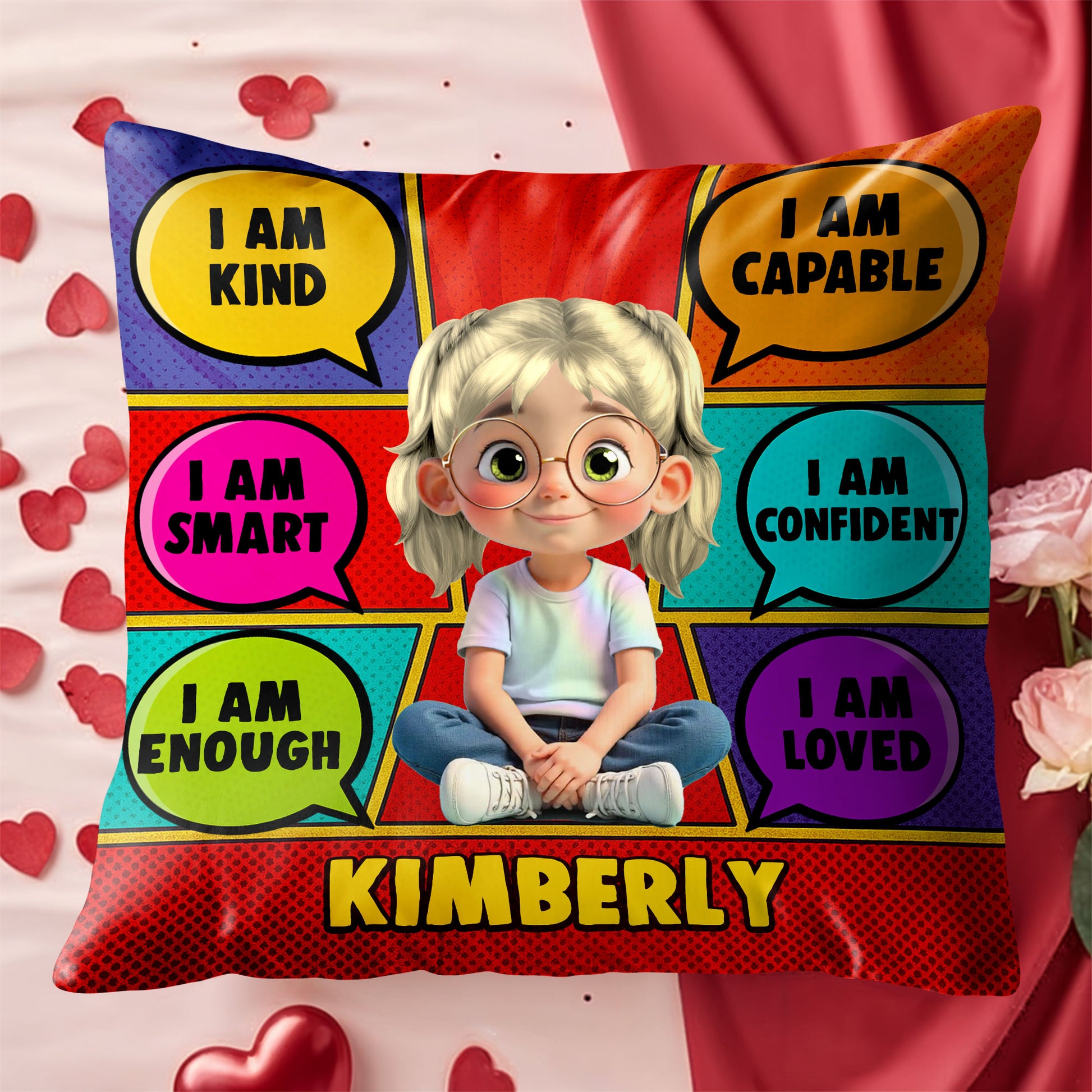 I Am Kind, Smart, Capable Comic Style Positive Affirmations Pillow