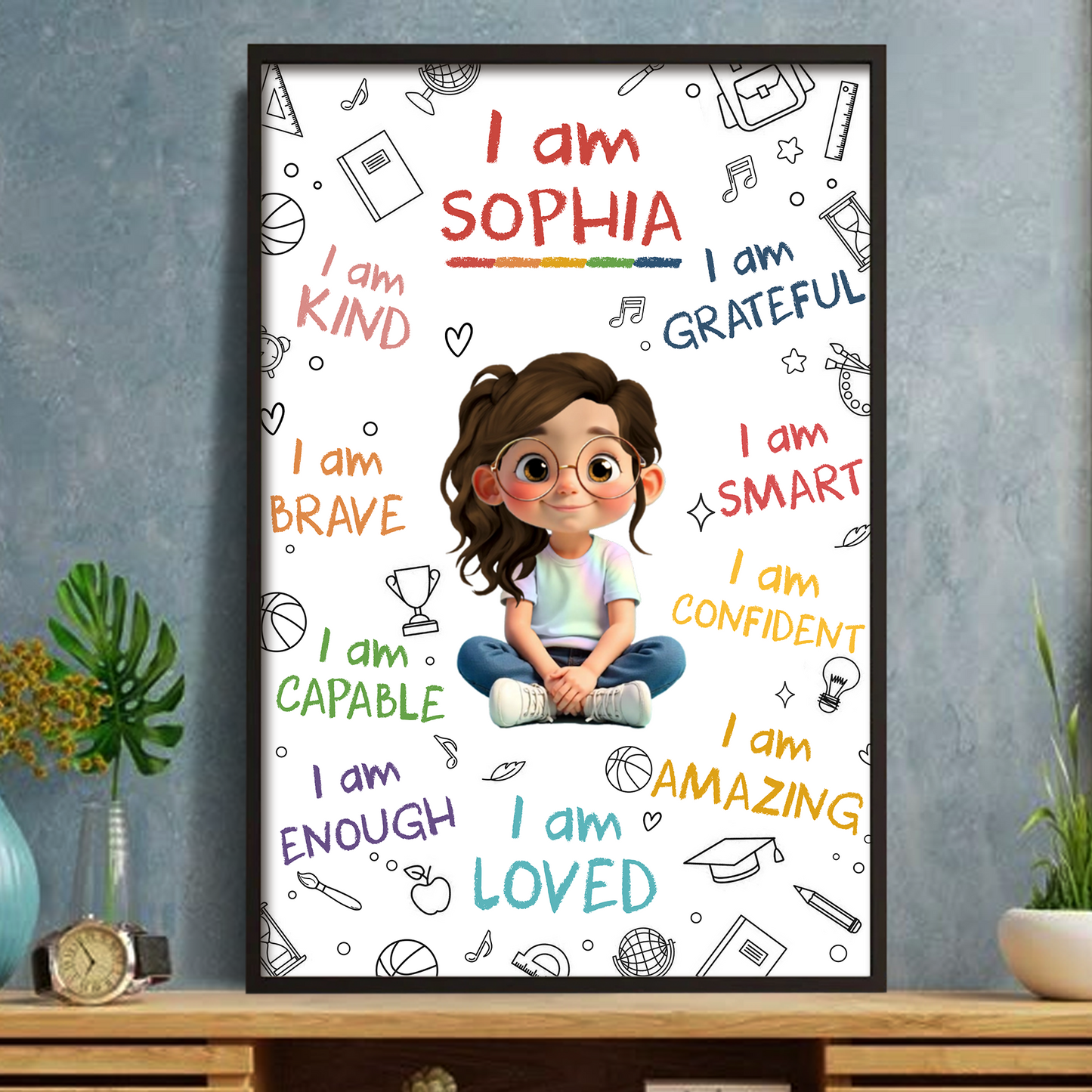 I Am Kind, Brave, Capable, Enough, Loved Inspirational Words - Personalized Custom Vertical Poster - KID355_VPOS