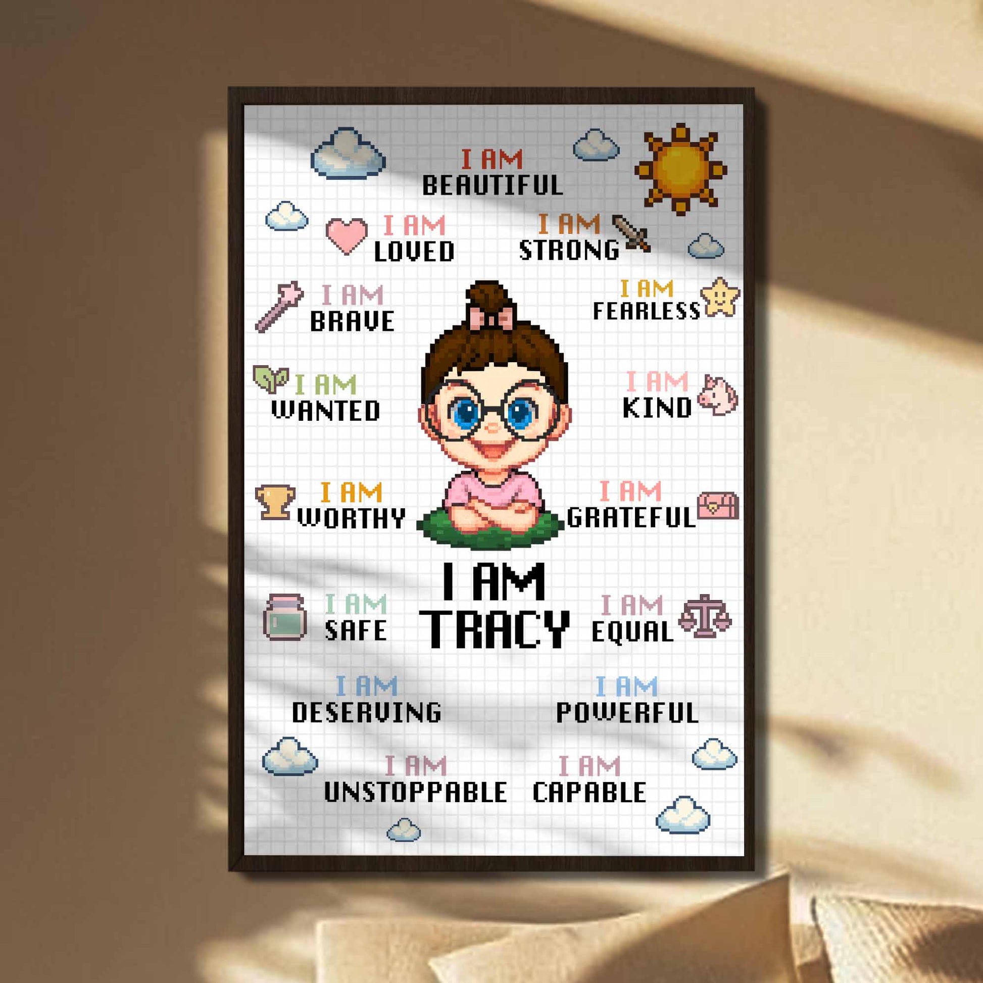 I Am Beautiful Strong Fearless, Cartoon Girl With Affirmations