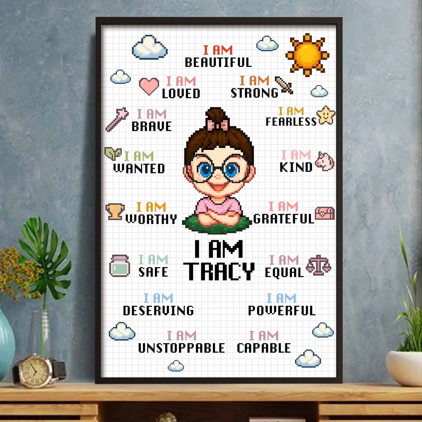 I Am Beautiful Strong Fearless, Cartoon Girl With Affirmations