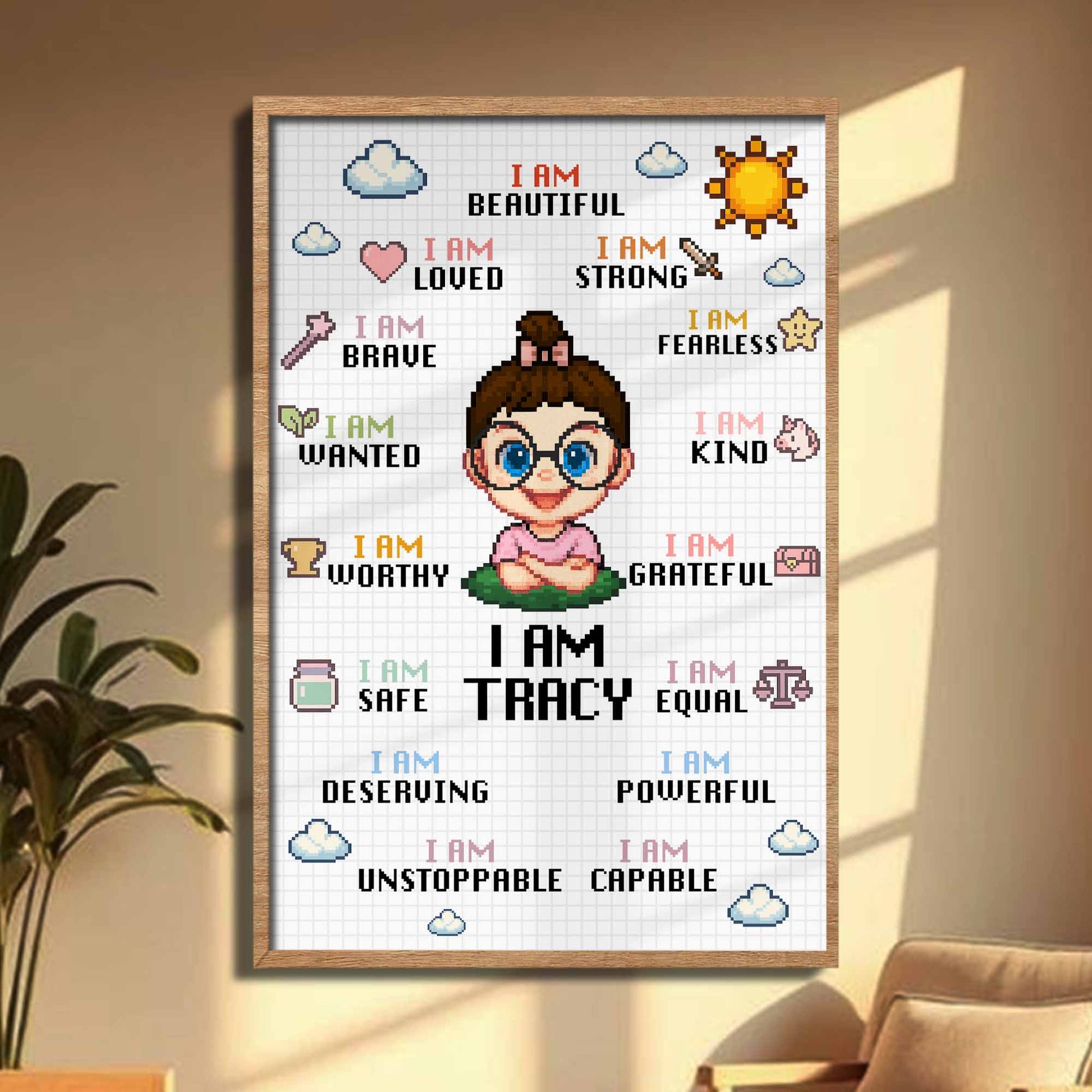 I Am Beautiful Strong Fearless, Cartoon Girl With Affirmations